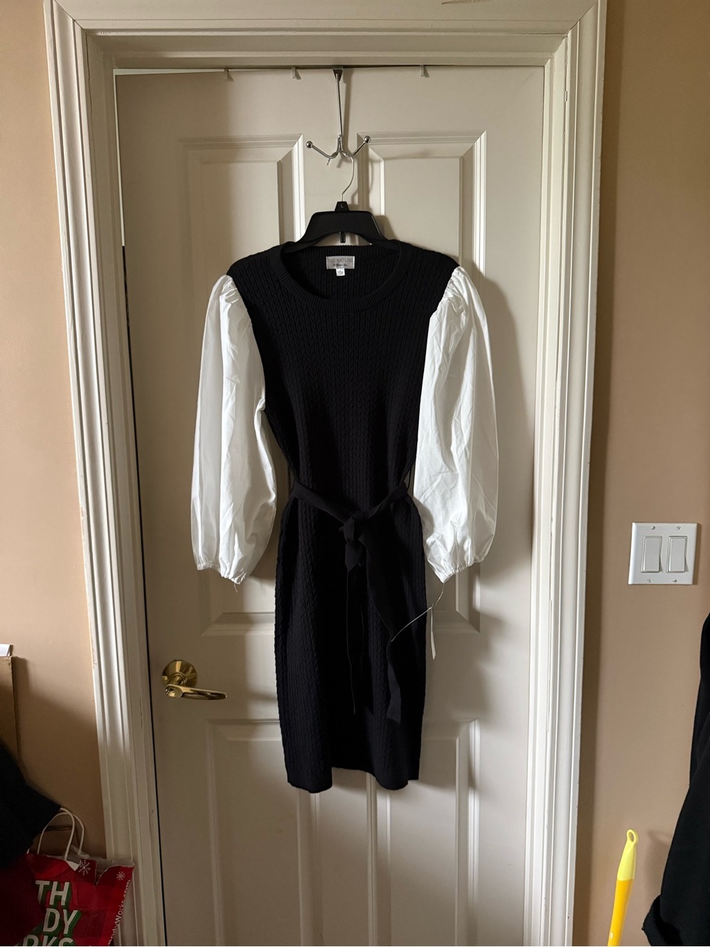 Robbie Bee Black Knit Midi Dress with White Puff Sleeves